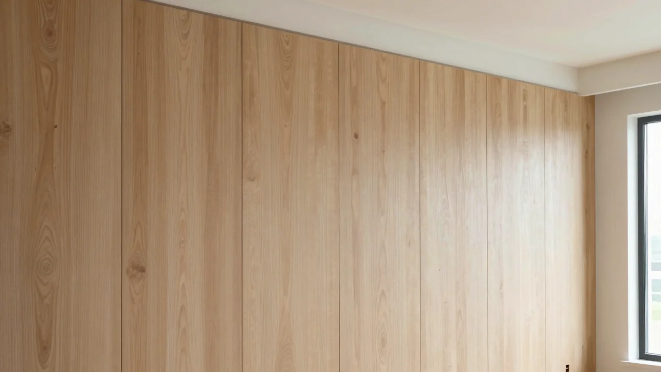Wooden wall covering panels beside a finished ceiling line, warm