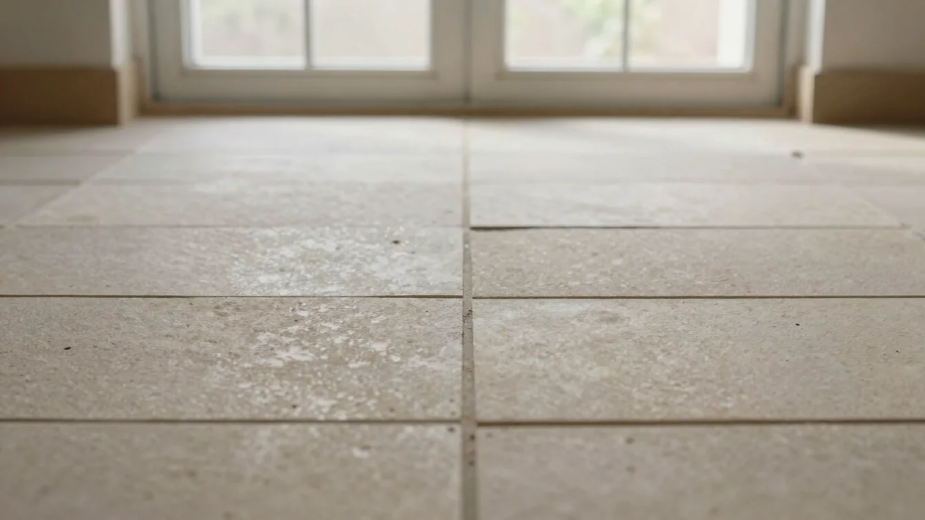Close detail of ceramic and cut stone tile with fine grout lines,