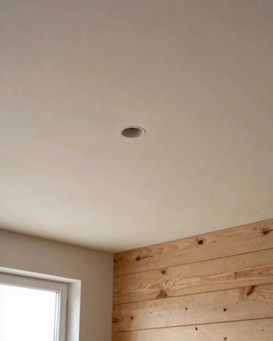 Close editorial detail of a finished suspended ceiling and timber