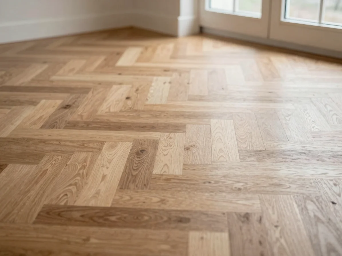 Close detail of herringbone parquet laid in a warm-toned interior