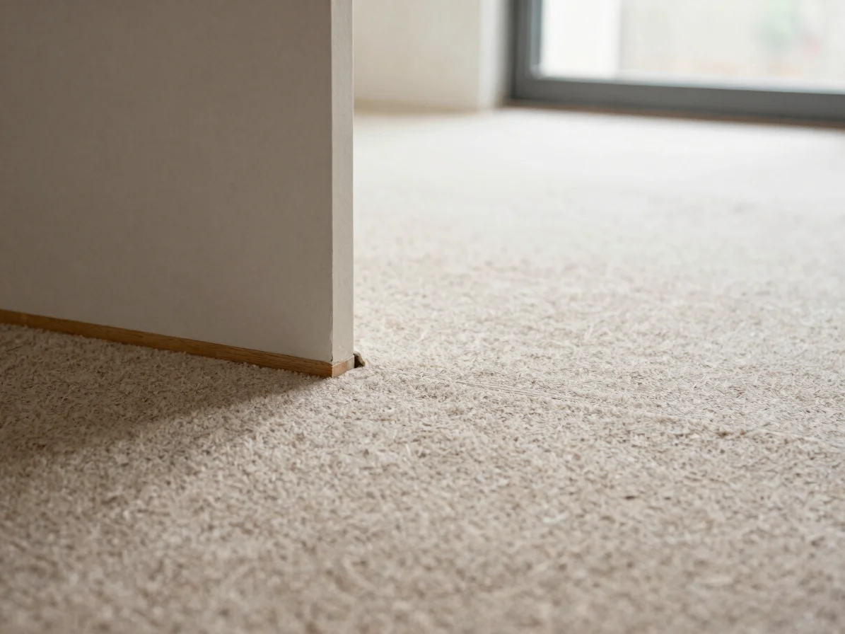Close detail of carpet and linoleum floor edges meeting at a thre