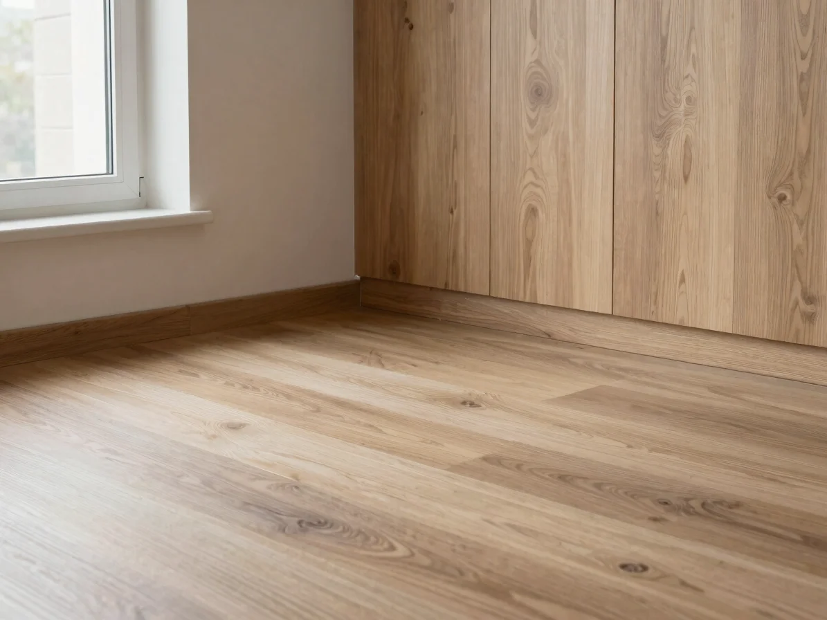 Interior corner where parquet flooring meets a wood-paneled wall and a tiled reveal, clean edge junctions, soft natural