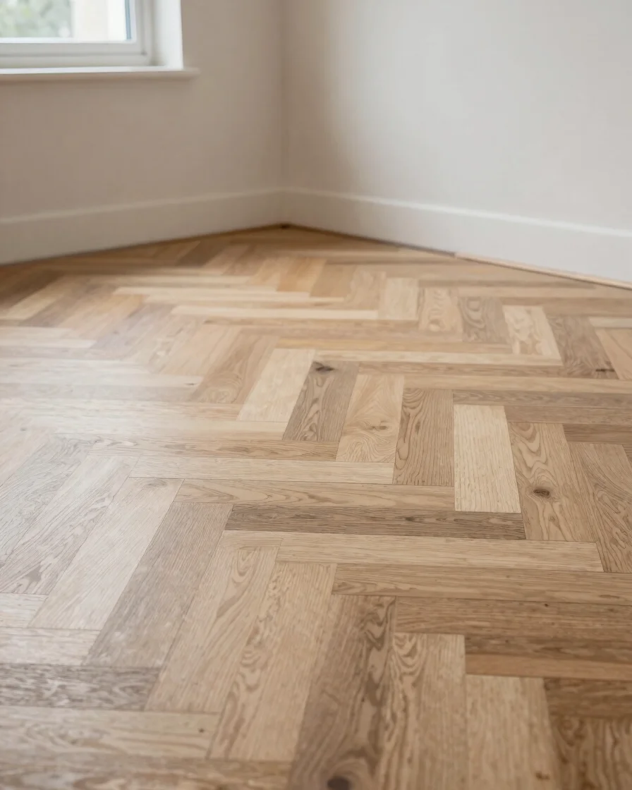 Close-up of a finished oak parquet floor meeting a plastered wall