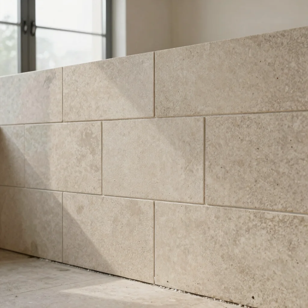 Cut natural stone wall tiles with clean mitred corners in an inte
