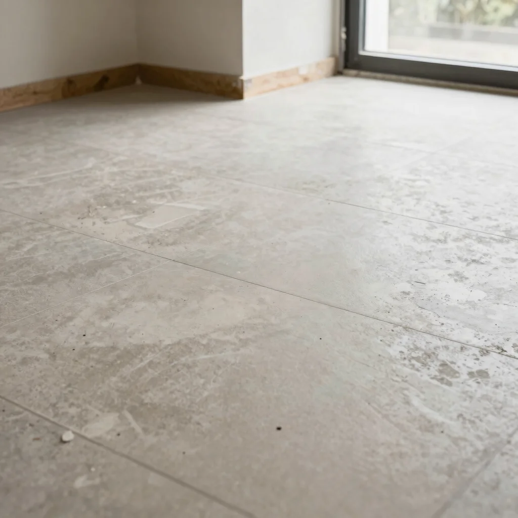 Concrete-effect tile floor in a bright interior, edge junction ag