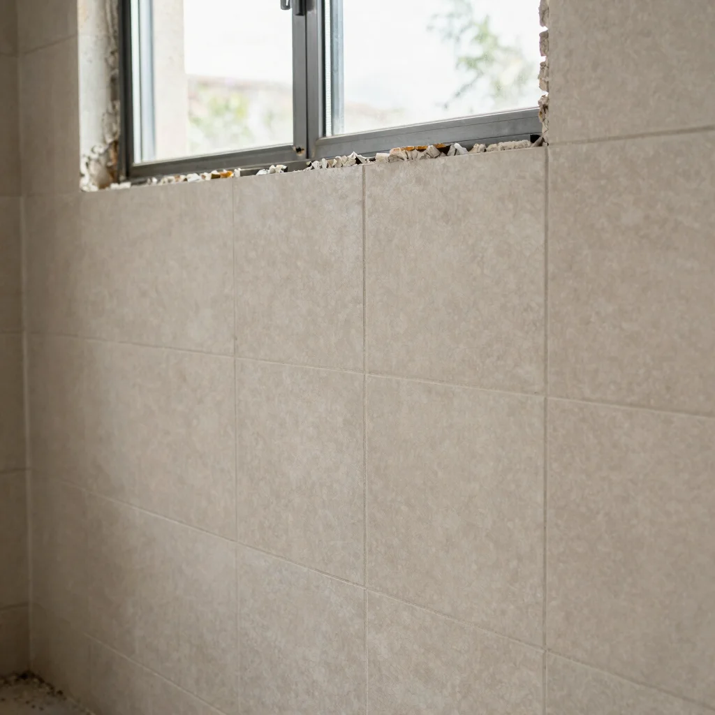 Ceramic wall tiles set flush around a window reveal, precise line