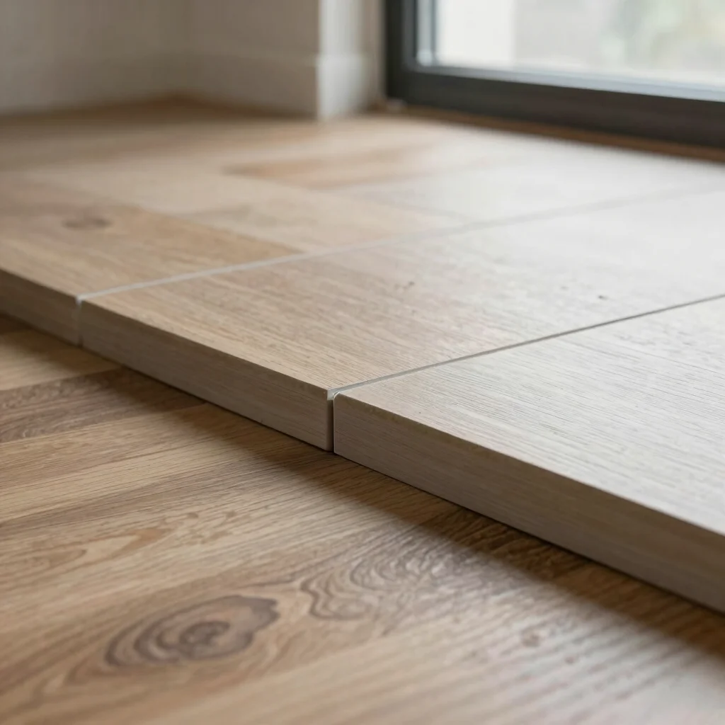 Close detail of tile border meeting a wood floor, clean edge junc