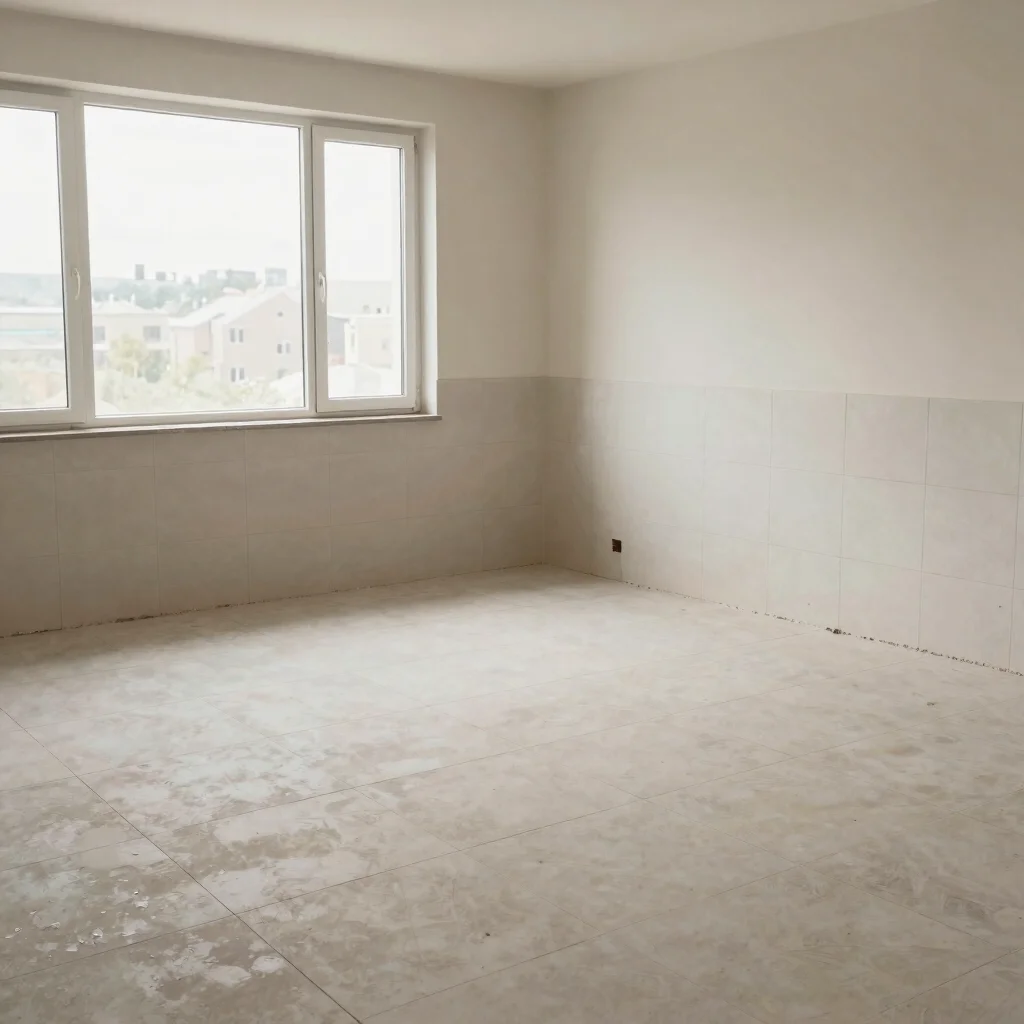 Wide interior view of a completed tiled room, balanced compositio