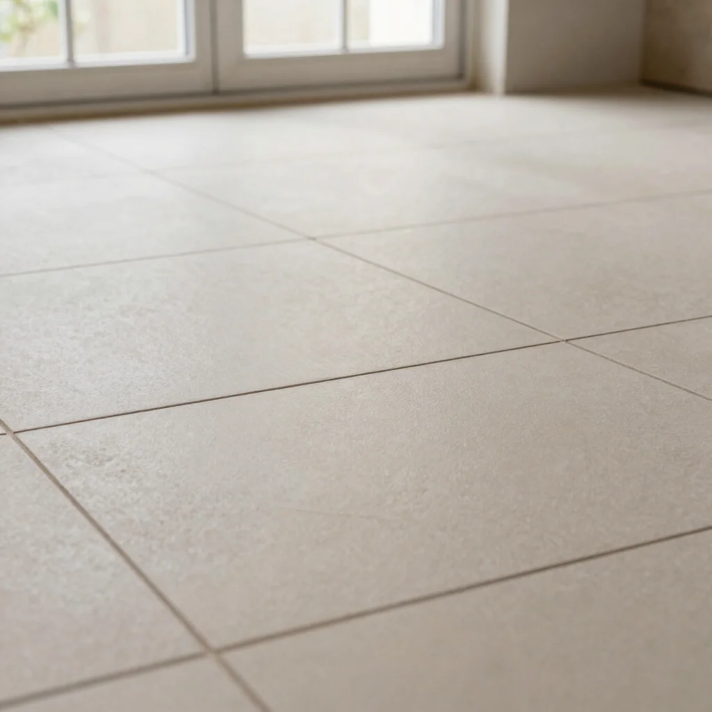Editorial close-up of large-format ceramic floor tiles laid in a